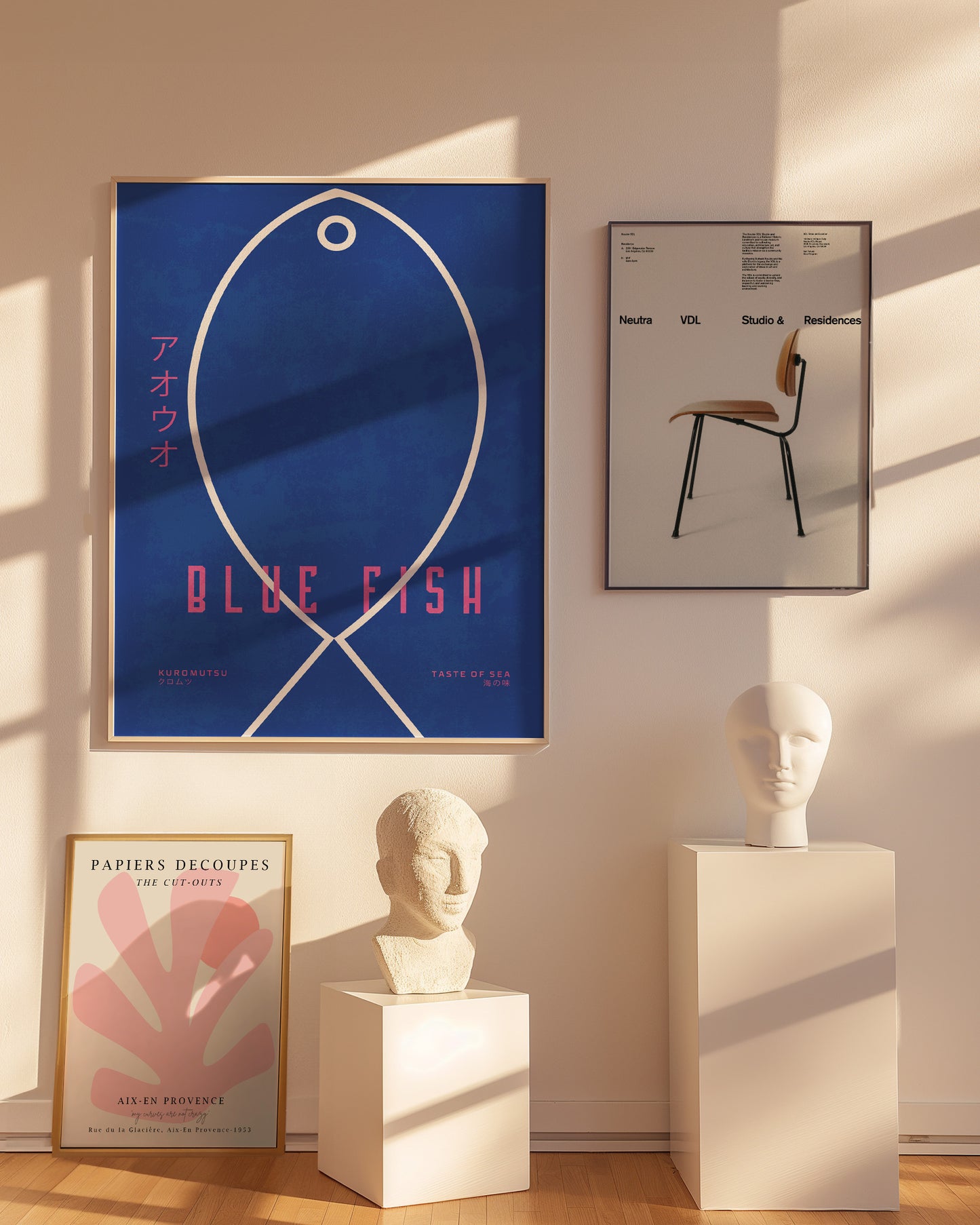 Japanese Fish Wall Art - Minimal Blue Fish Japandi Poster Print