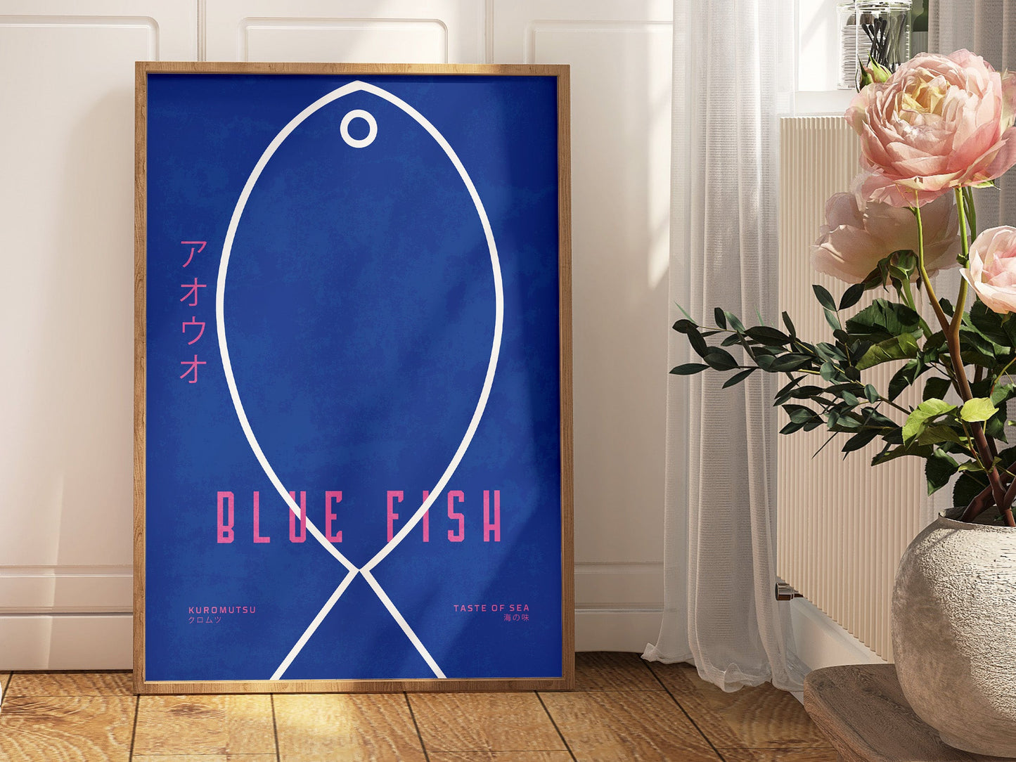 Japanese Fish Wall Art - Minimal Blue Fish Japandi Poster Print